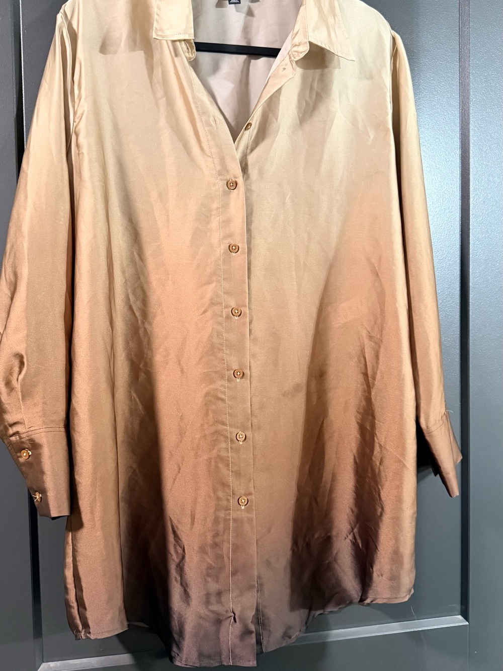 Kenneth Cole Women's Oversized Ombré Tunic Shirt Satin Blouse Tan/Brown XL